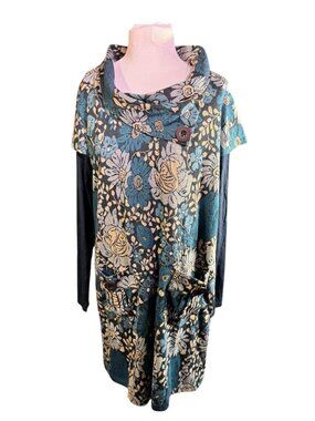 Joe Browns Womens Floral Cowl Neck Tunic Dress W/ Pockets Blue & Cream M